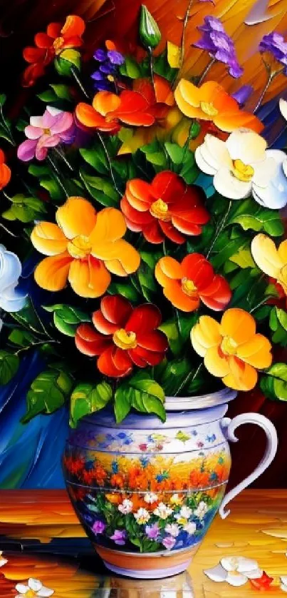 Colorful floral artwork wallpaper with vibrant flowers in a decorated vase.