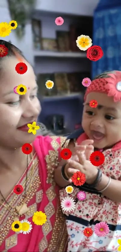 Mother and baby enjoying colorful floral decor.