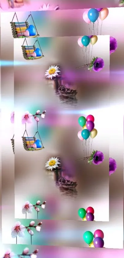 Mobile wallpaper with colorful balloons and flowers, set on a beige background.