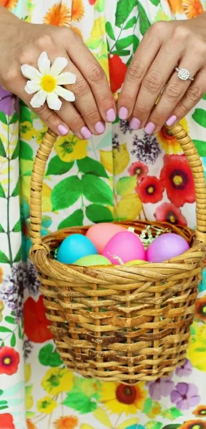 Colorful floral dress with wicker basket and pastel eggs.