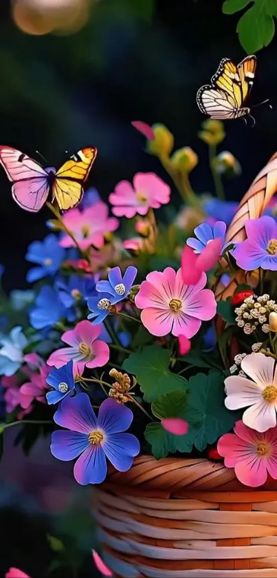 Basket of colorful flowers with butterflies hovering.