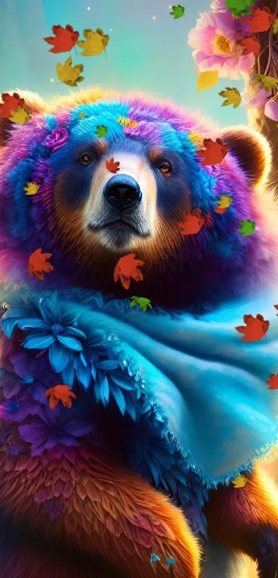 Vivid bear with flowers in a dreamy artistic background.