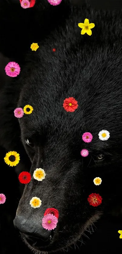 Black bear with colorful flowers on dark background wallpaper.