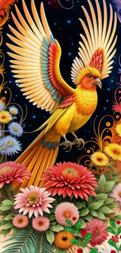 Vibrant artwork featuring a colorful bird with blooming flowers.