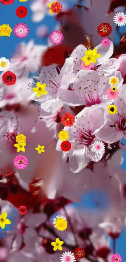 Vibrant floral wallpaper with colorful blossoms against a clear blue sky.