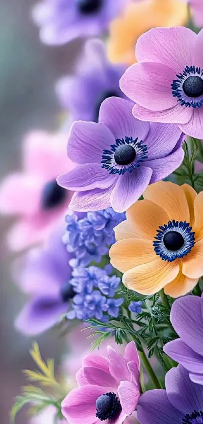 Colorful floral bouquet with purple and yellow flowers.