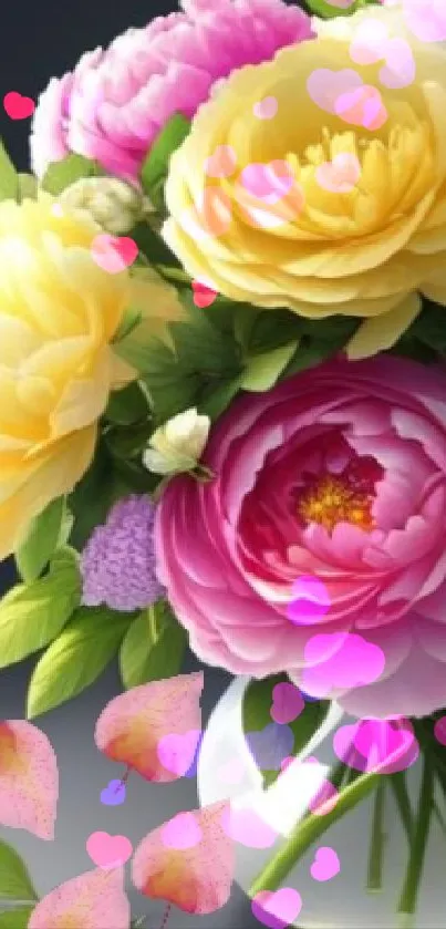 Colorful floral bouquet with pink, yellow, and purple flowers in a vase.