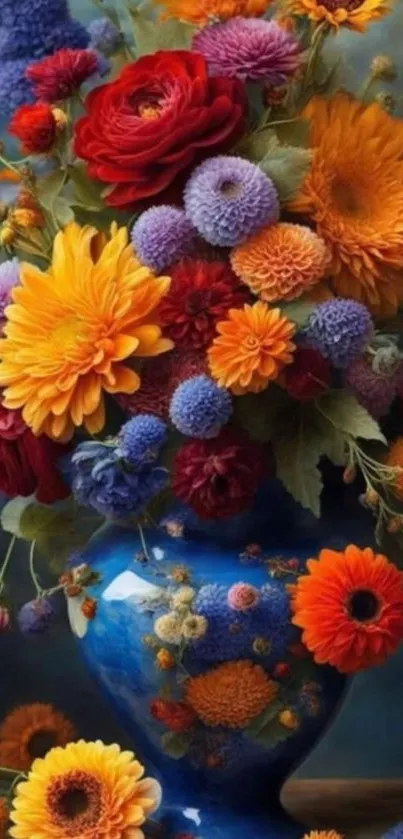 Colorful flowers in a blue vase