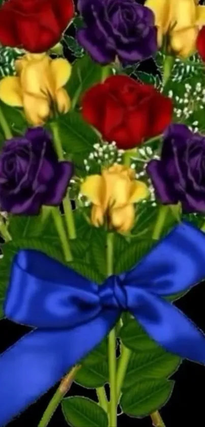 Bouquet of colorful flowers with blue ribbon