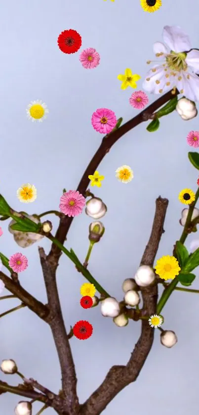 Floral branch with colorful flowers on light blue background.