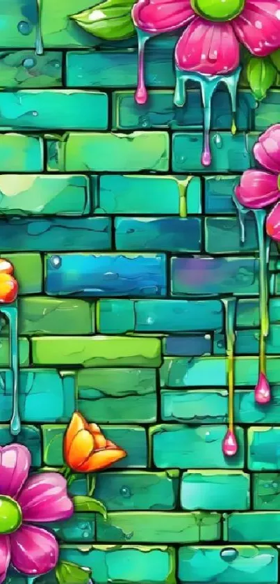 Vibrant floral pattern on a colorful aqua brick wall.