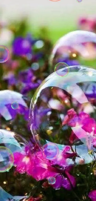 Vibrant wallpaper with bubbles among pink and purple flowers.