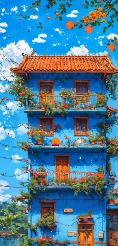 Vibrant blue building adorned with flowers under a bright sky.