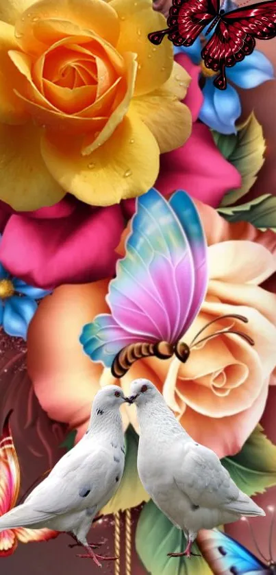 Vibrant flowers, butterflies, and doves on a colorful wallpaper.