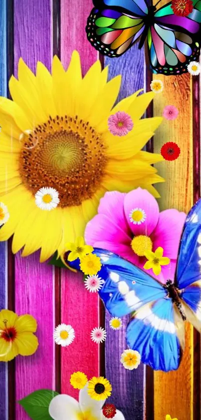 Colorful wallpaper with flowers and butterflies on a wooden background.