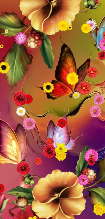 Mobile wallpaper with colorful butterflies and flowers in vivid hues.