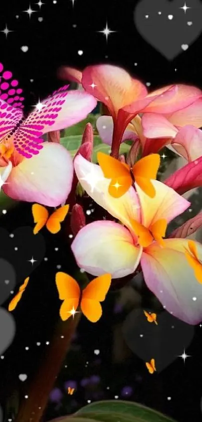 Vibrant wallpaper with flowers, butterflies, and starry background.