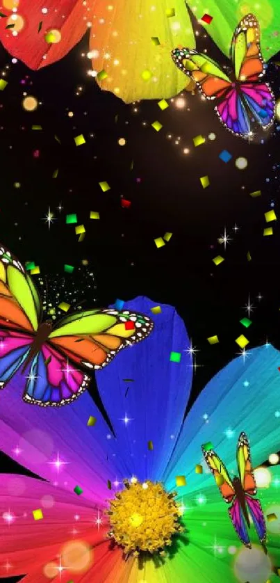 Colorful butterflies and rainbow flowers on a dark background.
