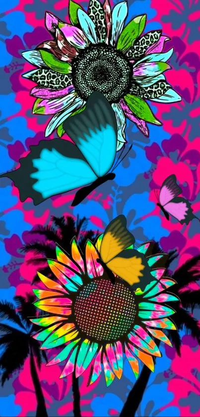 Vibrant wallpaper with butterflies and colorful flowers on a blue and pink background.