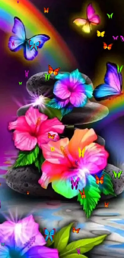 Colorful wallpaper with flowers, butterflies, and a rainbow background.