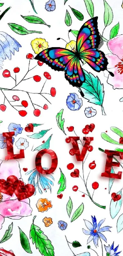 Colorful butterfly and floral watercolor art with 'LOVE' text.