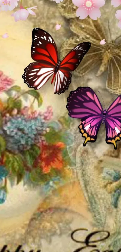 Vibrant floral wallpaper with colorful butterflies, ideal for mobile backgrounds.