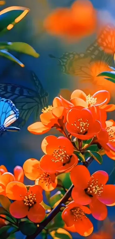 Colorful wallpaper with orange flowers and blue butterflies.