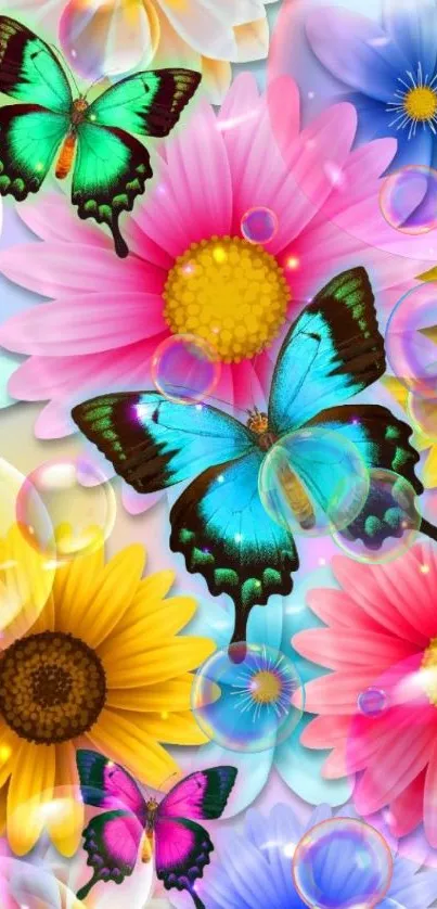 Colorful butterflies and flowers wallpaper for mobile.