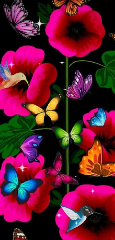 Vibrant mobile wallpaper of pink flowers with colorful butterflies.