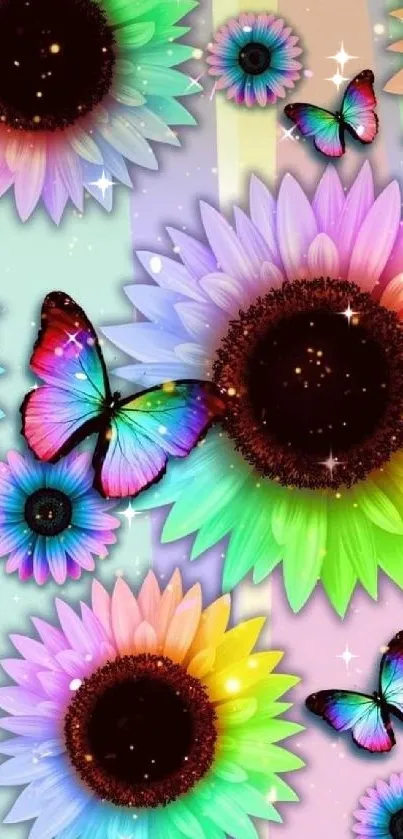 Colorful floral wallpaper with butterflies.