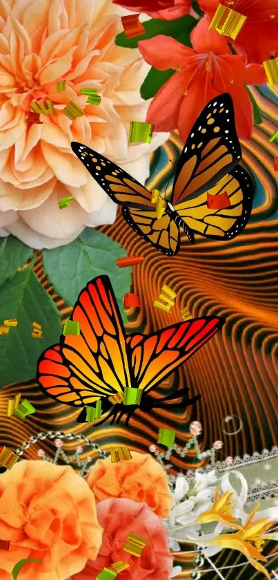 Vibrant butterfly and flower design wallpaper with orange and green hues.