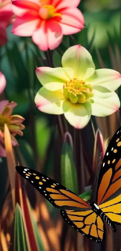 Vibrant wallpaper featuring colorful flowers and a butterfly.