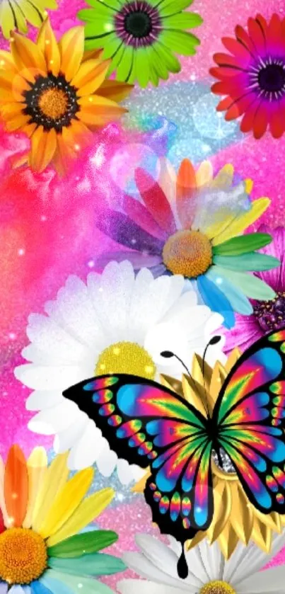 Colorful butterfly on a vibrant floral background.