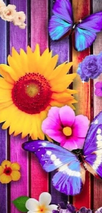 Colorful flowers and butterflies on a vibrant background.