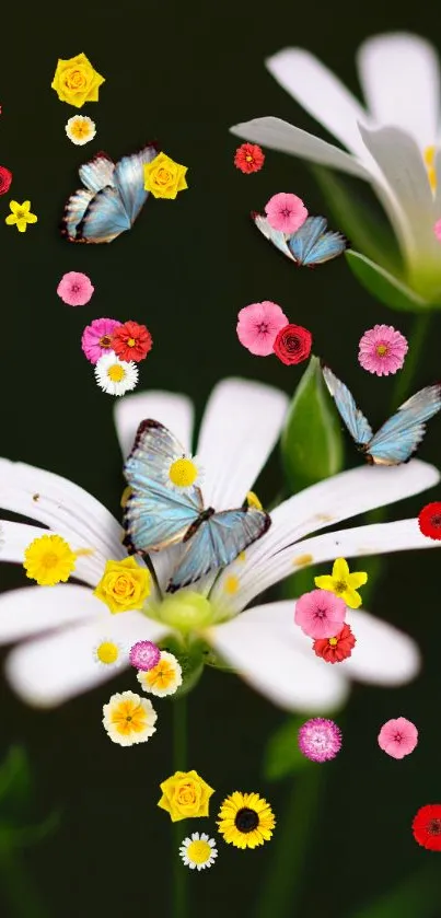 Vibrant wallpaper with flowers and butterflies, featuring dark green background.