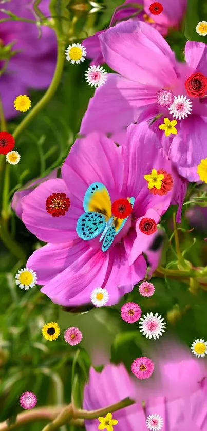 Colorful floral wallpaper with pink flowers and butterflies.