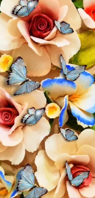 Mobile wallpaper with butterflies on colorful flowers.