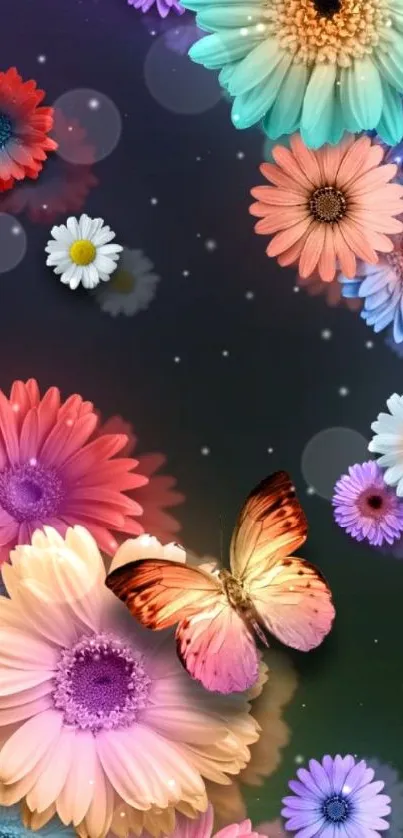 Vibrant floral wallpaper with butterflies.