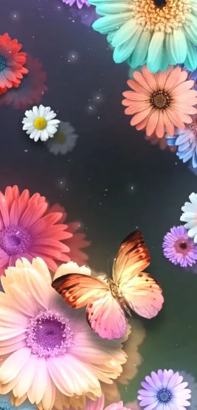 Colorful flowers and butterfly mobile wallpaper with vibrant, natural hues.