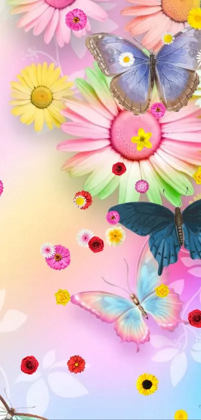 Vibrant mobile wallpaper with butterflies and colorful flowers.