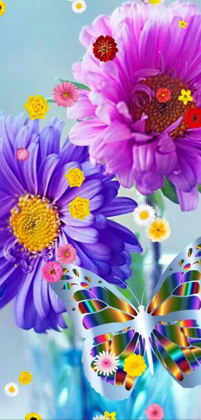 Vibrant wallpaper with a butterfly and colorful flowers.