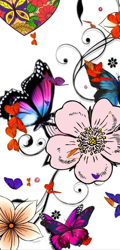 Colorful floral and butterfly phone wallpaper with vibrant flowers.