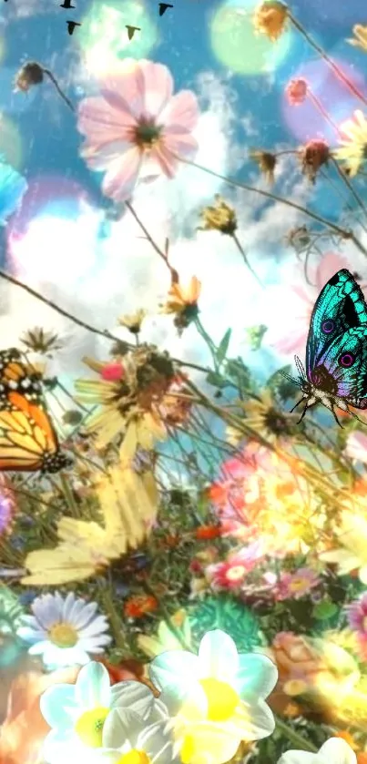 Vibrant wallpaper with flowers and butterflies.