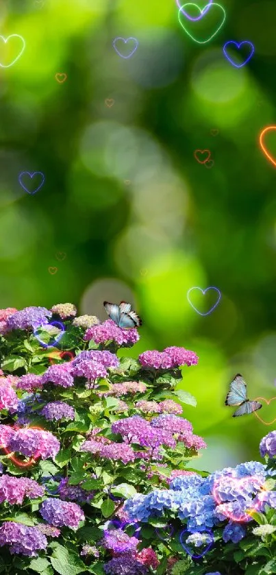 Vibrant wallpaper with flowers, butterflies, and heart patterns over a green backdrop.