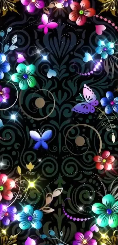 Colorful floral and butterfly design wallpaper, vibrant and decorative.