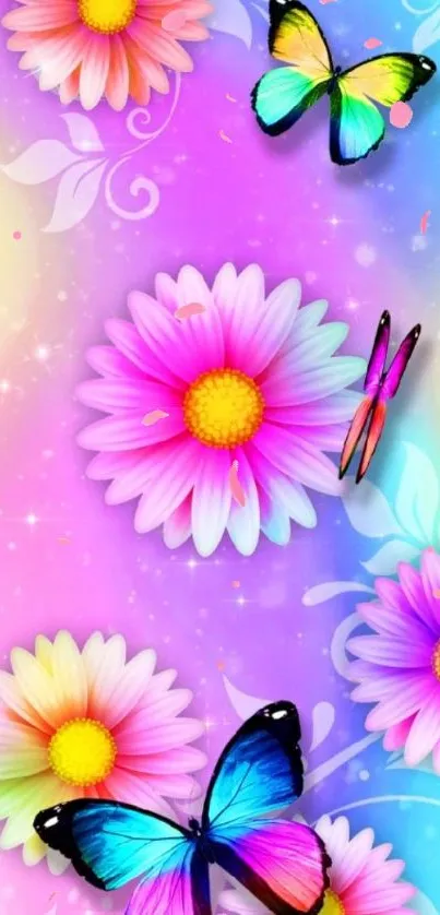 Colorful daisies and butterflies wallpaper for mobile phone.