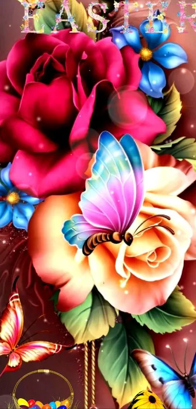 Vibrant floral wallpaper with butterflies, featuring roses and colorful flowers.