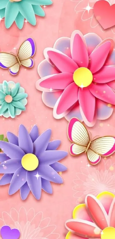 Vibrant mobile wallpaper with flowers and butterflies on a pink background.