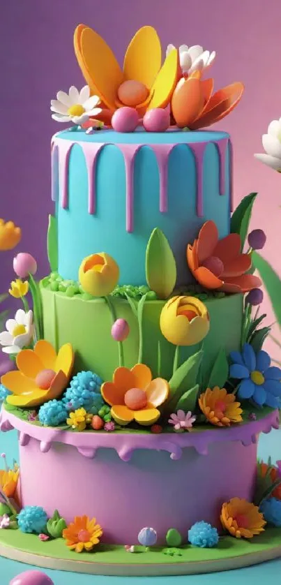 Three-tier vibrant cake with colorful floral decorations.
