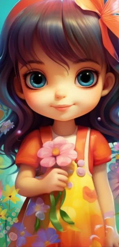 Cute cartoon girl holding flowers with vibrant floral background.